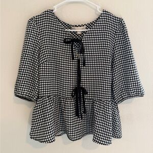 Monteau Black and White Checkered Peplum Blouse